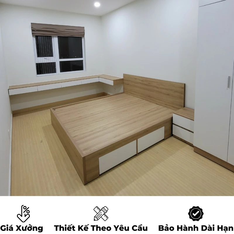 Giường ngủ gỗ công nghiệp mdf có ngăn kéo và hộc đựng đồ, thiết kế hiện đại, theo yêu cầu, nội thất GOGU tại TP. HCM, hình 10