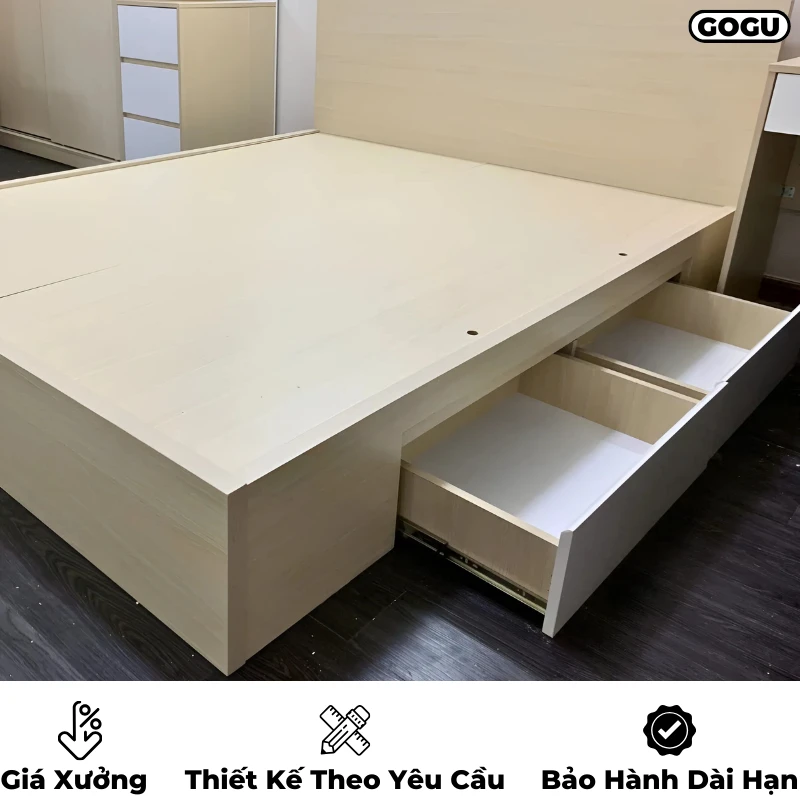 Giường ngủ gỗ công nghiệp mdf có ngăn kéo và hộc đựng đồ, thiết kế hiện đại, theo yêu cầu, nội thất GOGU tại TP. HCM, hình 11