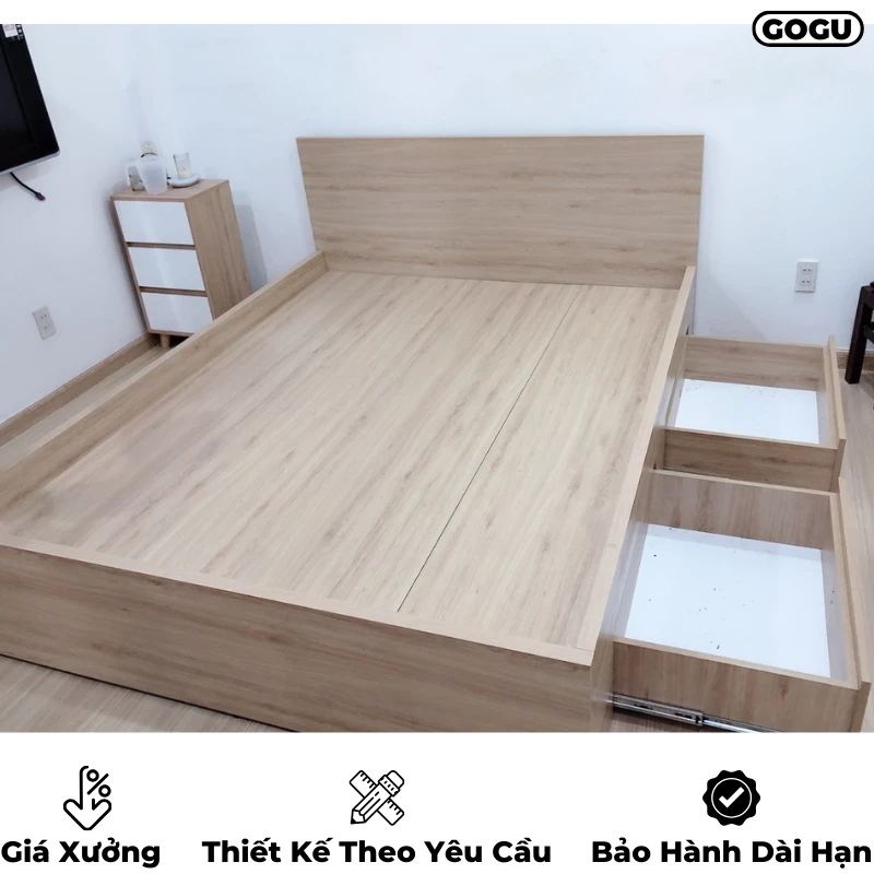 Giường ngủ gỗ công nghiệp mdf có ngăn kéo và hộc đựng đồ, thiết kế hiện đại, theo yêu cầu, nội thất GOGU tại TP. HCM, hình 12