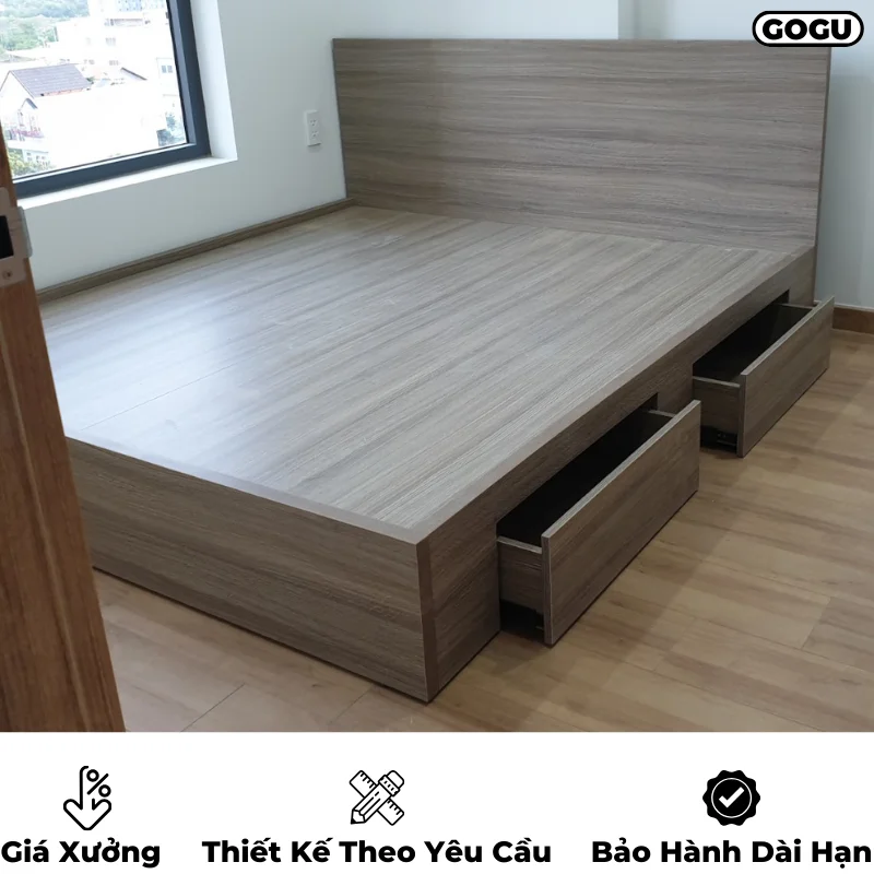 Giường ngủ gỗ công nghiệp mdf có ngăn kéo và hộc đựng đồ, thiết kế hiện đại, theo yêu cầu, nội thất GOGU tại TP. HCM, hình 16