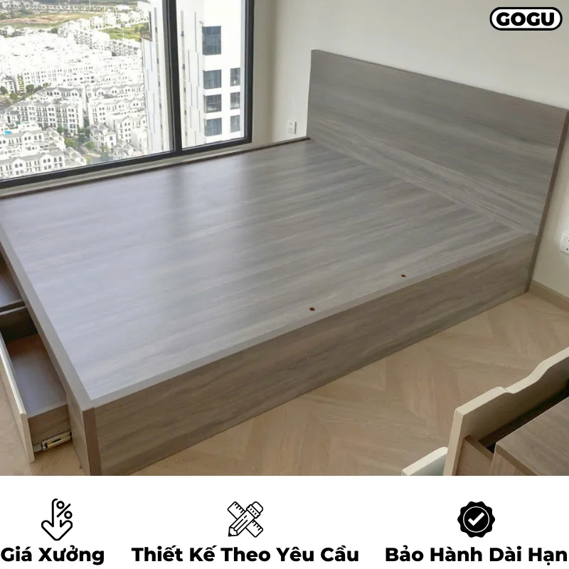 Giường ngủ gỗ công nghiệp mdf có ngăn kéo và hộc đựng đồ, thiết kế hiện đại, theo yêu cầu, nội thất GOGU tại TP. HCM, hình 28