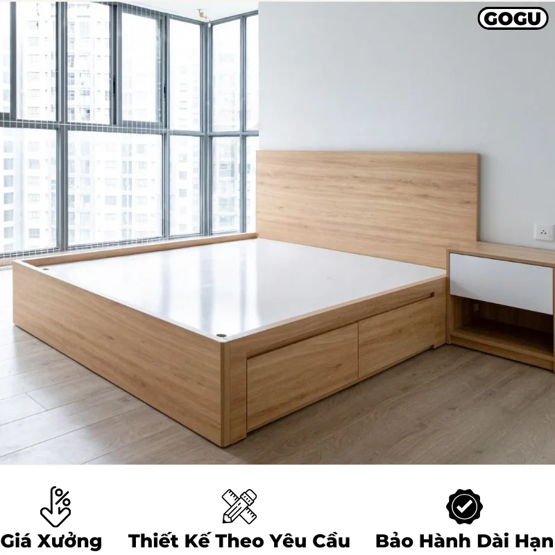 Giường ngủ gỗ công nghiệp mdf có ngăn kéo và hộc đựng đồ, thiết kế hiện đại, theo yêu cầu, nội thất GOGU tại TP. HCM, hình 3