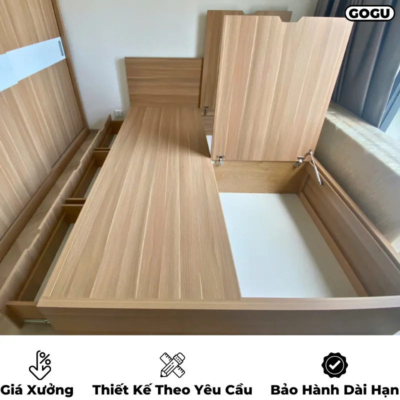 Giường ngủ gỗ công nghiệp mdf, có nhiều ngăn kéo và hộc đựng đồ siêu tiện lợi, thiết kế thông minh, sản xuất theo yêu cầu, nội thất GOGO tại TP. HCM, hình 32