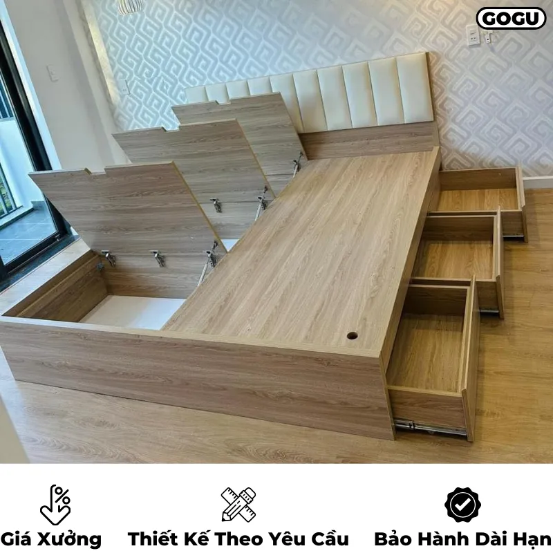 Giường ngủ gỗ công nghiệp mdf, có nhiều ngăn kéo và hộc đựng đồ siêu tiện lợi, thiết kế thông minh, sản xuất theo yêu cầu, nội thất GOGO tại TP. HCM, hình 34