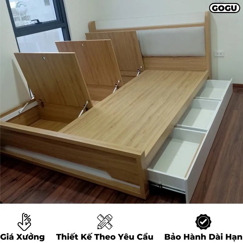 Giường ngủ gỗ công nghiệp mdf, có nhiều ngăn kéo và hộc đựng đồ siêu tiện lợi, thiết kế thông minh, sản xuất theo yêu cầu, nội thất GOGO tại TP. HCM, hình 35