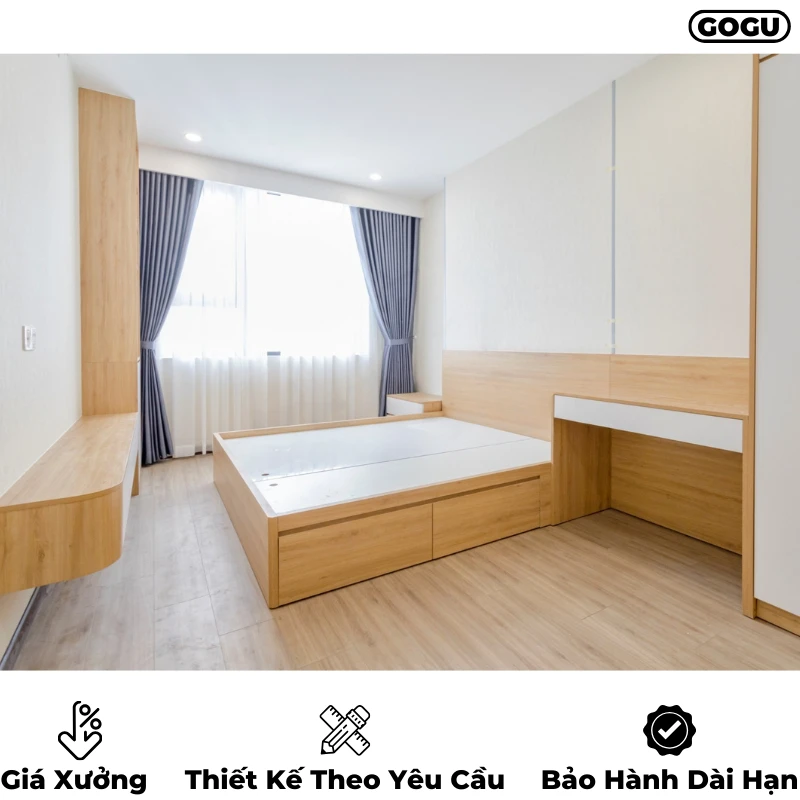 Giường ngủ gỗ công nghiệp mdf có ngăn kéo và hộc đựng đồ, thiết kế hiện đại, theo yêu cầu, nội thất GOGU tại TP. HCM, hình 4