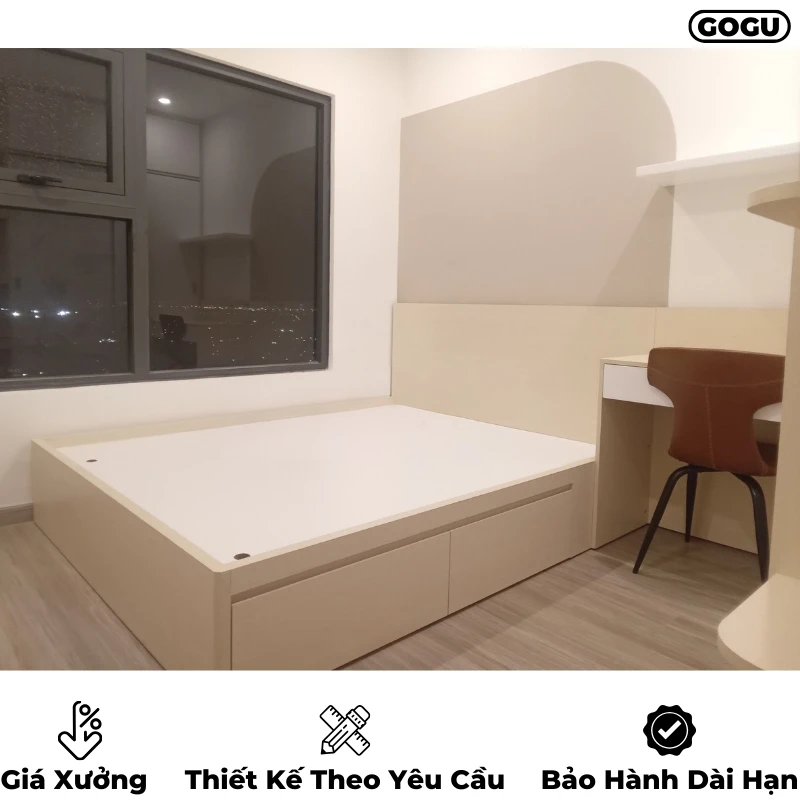 Giường ngủ gỗ công nghiệp mdf có ngăn kéo và hộc đựng đồ, thiết kế hiện đại, theo yêu cầu, nội thất GOGU tại TP. HCM, hình 5