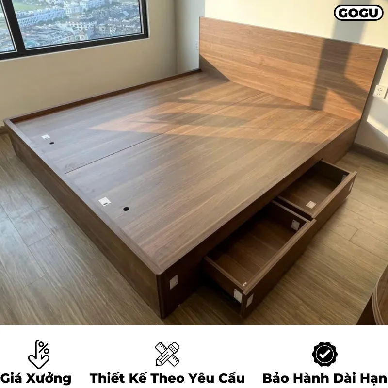 Giường ngủ gỗ công nghiệp mdf có ngăn kéo và hộc đựng đồ, thiết kế hiện đại, theo yêu cầu, nội thất GOGU tại TP. HCM, hình 6