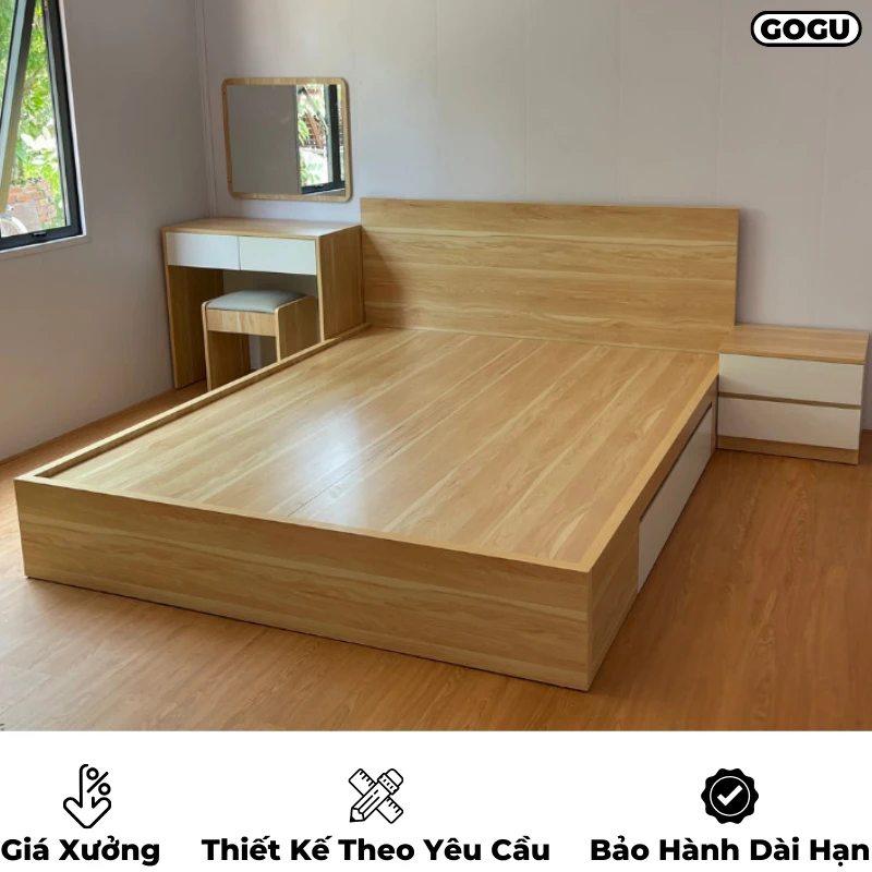 Giường ngủ gỗ công nghiệp mdf có ngăn kéo và hộc đựng đồ, thiết kế hiện đại, theo yêu cầu, nội thất GOGU tại TP. HCM, hình 7