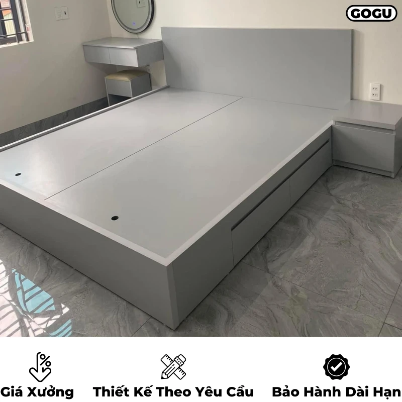 Giường ngủ gỗ công nghiệp mdf có ngăn kéo và hộc đựng đồ, thiết kế hiện đại, theo yêu cầu, nội thất GOGU tại TP. HCM, hình 8