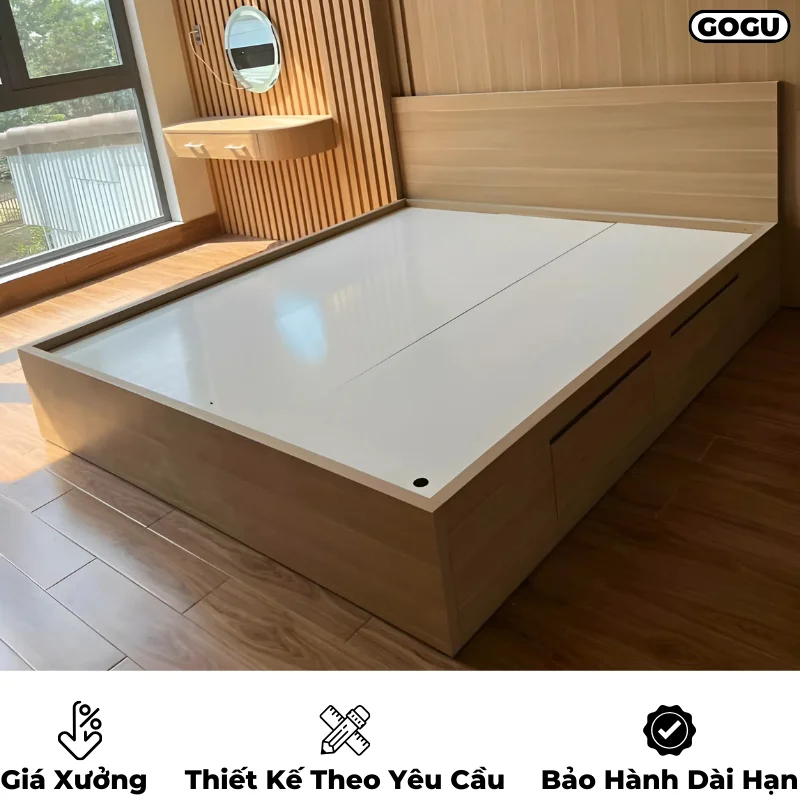 Giường ngủ gỗ công nghiệp mdf có ngăn kéo và hộc đựng đồ, thiết kế hiện đại, theo yêu cầu, nội thất GOGU tại TP. HCM, hình 9