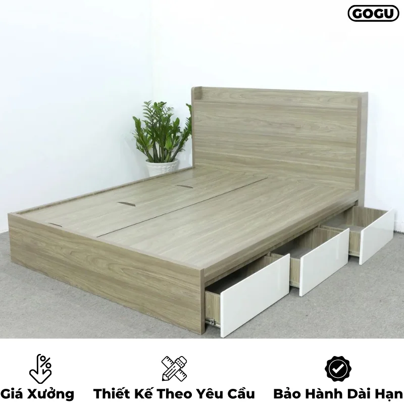 giường ngủ gỗ công nghiệp mdf có nhiều ngăn kéo và hộc đựng đồ, nội thất GOGU tại TP. HCM, hình 2