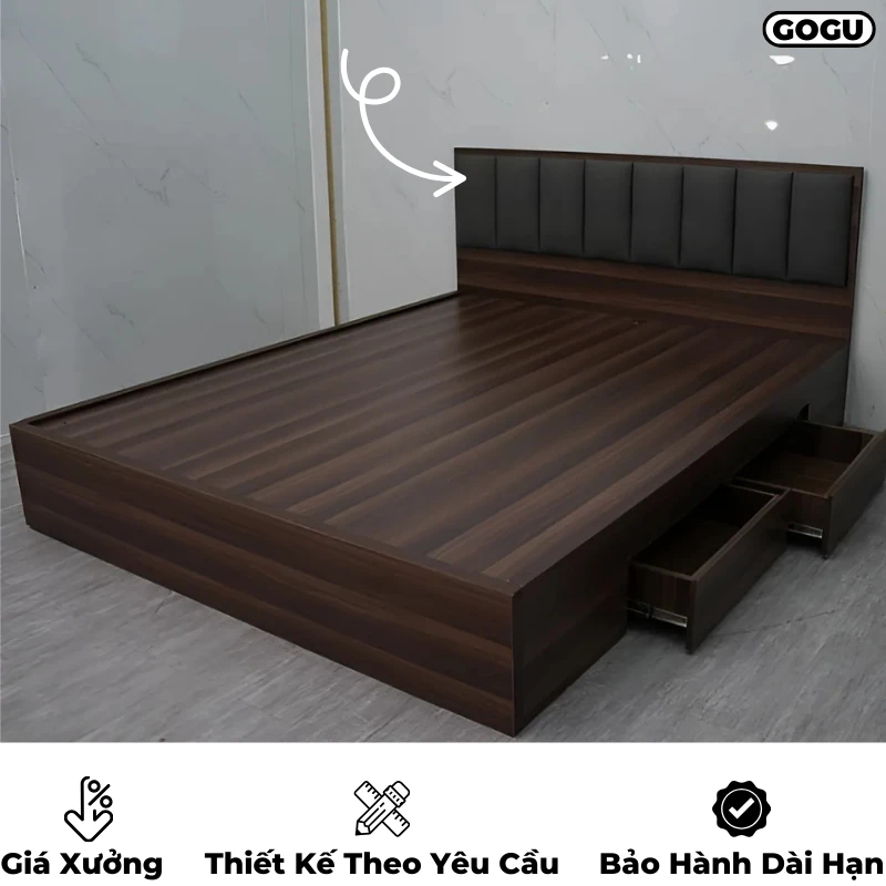 Giường ngủ gỗ công nghiệp mdf có bọc đệm nệm tựa đầu giường, êm ái thoải mái, theo yêu cầu, nội thất GOGU TP. HCM, hình 11