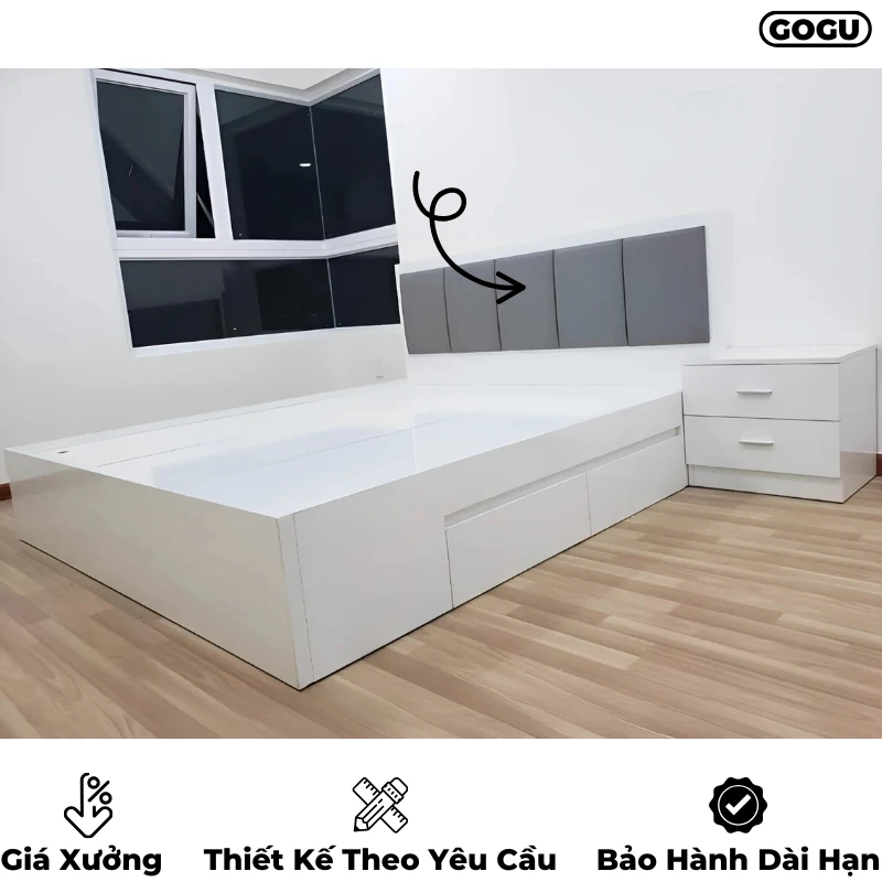 Giường ngủ gỗ công nghiệp mdf có bọc đệm nệm tựa đầu giường, êm ái thoải mái, theo yêu cầu, nội thất GOGU TP. HCM, hình 15