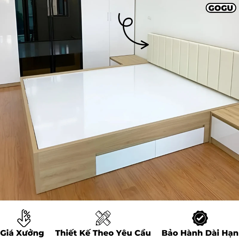 Giường ngủ gỗ công nghiệp mdf có bọc đệm nệm tựa đầu giường, êm ái thoải mái, theo yêu cầu, nội thất GOGU TP. HCM, hình 17