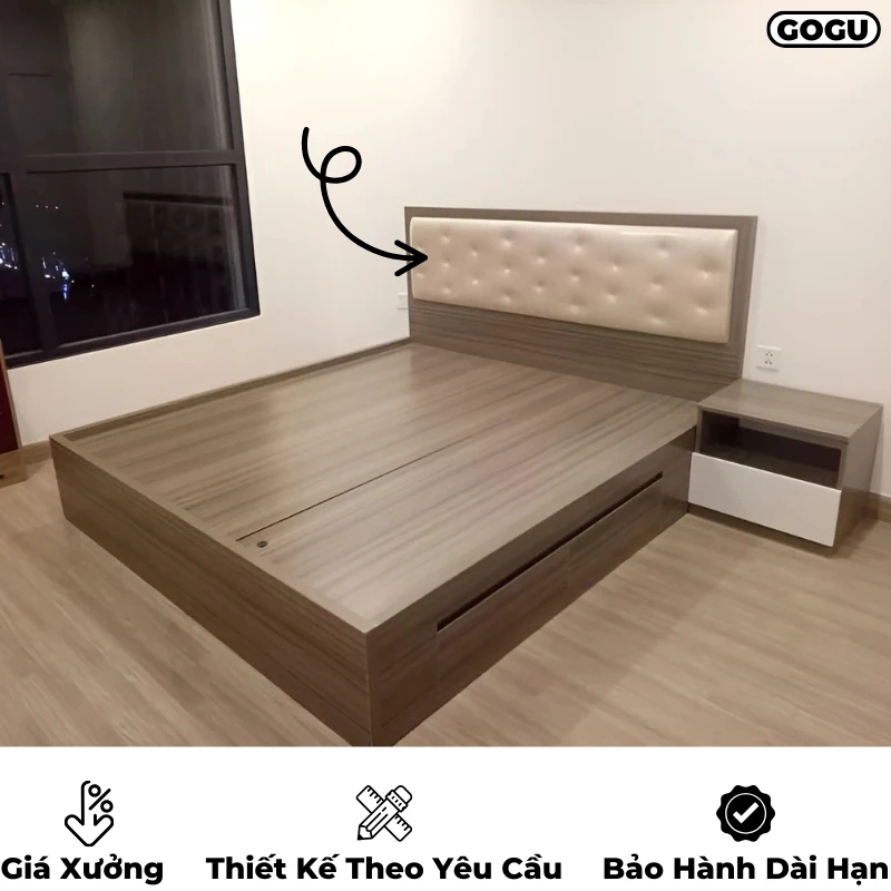 Giường ngủ gỗ công nghiệp mdf có bọc đệm nệm tựa đầu giường, êm ái thoải mái, theo yêu cầu, nội thất GOGU TP. HCM, hình 18
