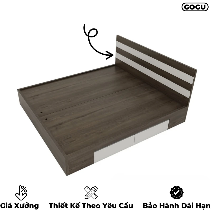 Giường ngủ gỗ công nghiệp mdf có ngăn kéo có họa tiết trang trí, thiết kế hiện đại, theo yêu cầu, nội thất GOGU TP.HCM, hình 2