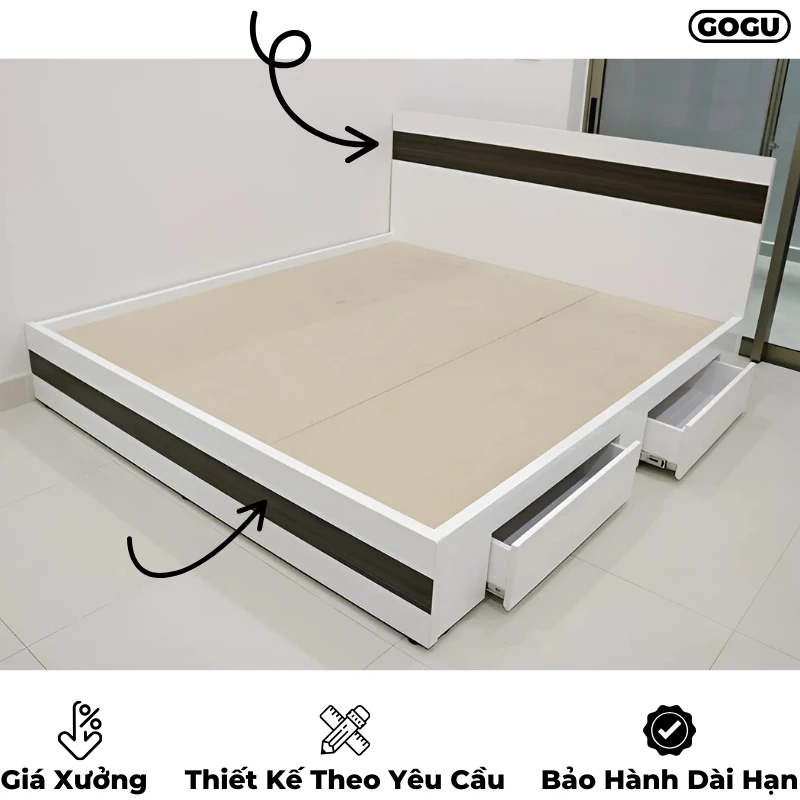 Giường ngủ gỗ công nghiệp mdf có ngăn kéo có họa tiết trang trí, thiết kế hiện đại, theo yêu cầu, nội thất GOGU TP.HCM, hình 3