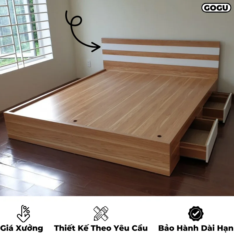 Giường ngủ gỗ công nghiệp mdf, có họa tiết trang trí, thiết kế hiện đại, theo yêu cầu, nội thất GOGU TP.HCM, hình 5