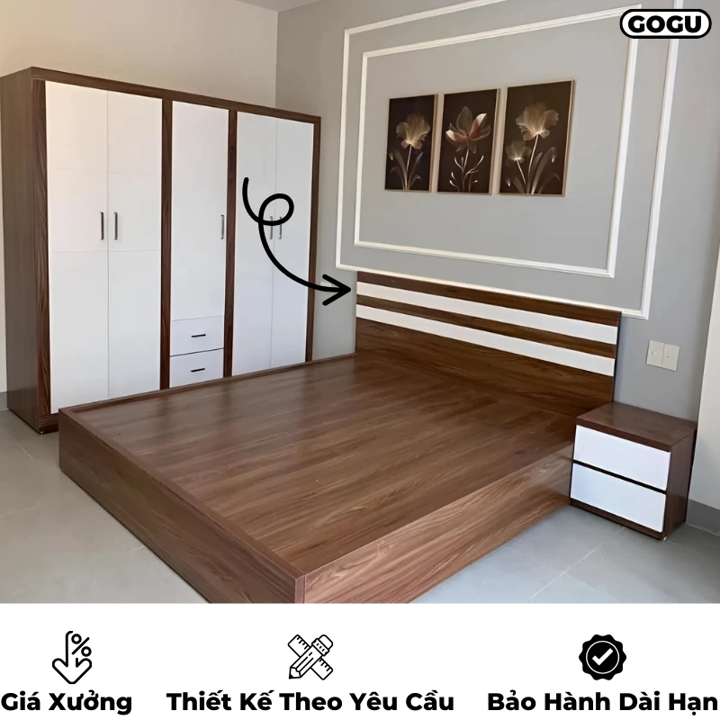 Giường ngủ gỗ công nghiệp mdf, có họa tiết trang trí, thiết kế hiện đại, theo yêu cầu, nội thất GOGU TP.HCM, hình 7