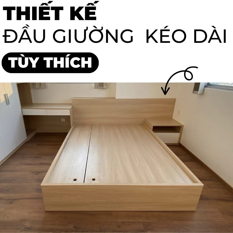 Giường ngủ gỗ công nghiệp mdf có đầu giường được thiết kế kéo dài liền mạch đồng bộ với nội thất phòng ngủ, thiết kế theo yêu cầu, nội thất GOGU TP. HCM, hình 22