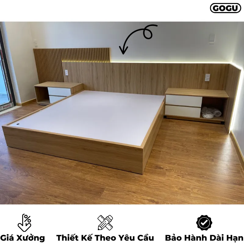 Giường ngủ gỗ công nghiệp mdf có đầu giường được thiết kế kéo dài liền mạch đồng bộ với nội thất phòng ngủ, thiết kế theo yêu cầu, nội thất GOGU TP. HCM, hình 23