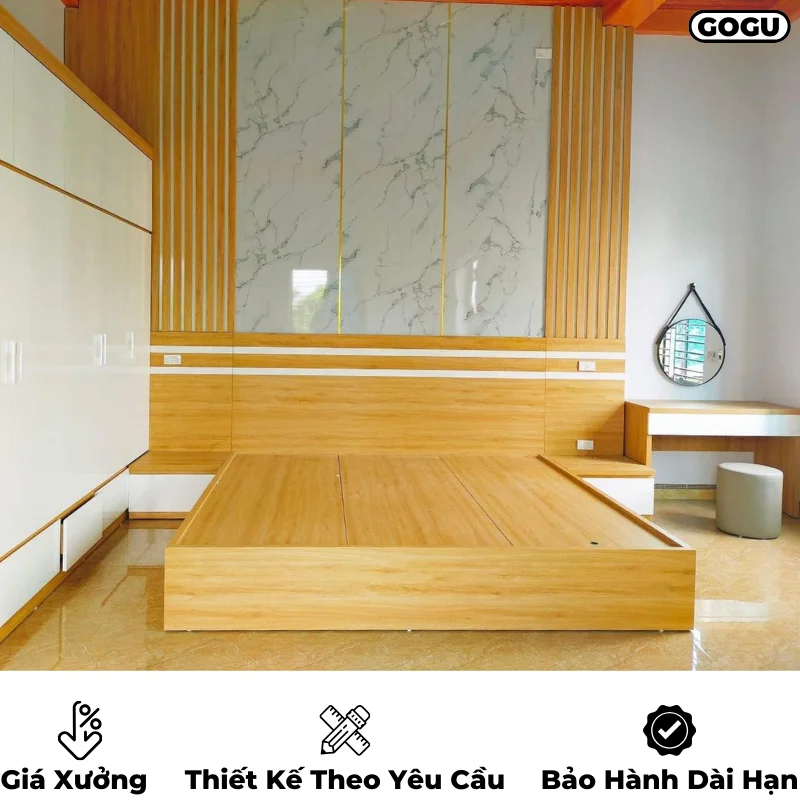 Giường ngủ gỗ công nghiệp mdf có đầu giường được thiết kế kéo dài liền mạch đồng bộ với nội thất phòng ngủ, thiết kế theo yêu cầu, nội thất GOGU TP. HCM, hình 25