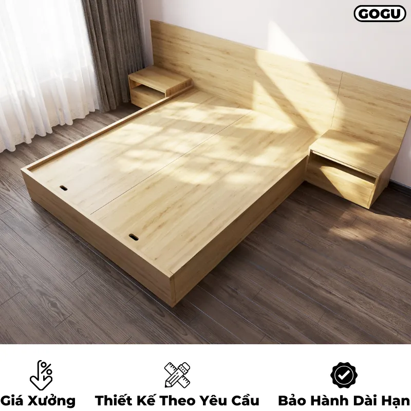 Giường ngủ gỗ công nghiệp mdf có đầu giường được thiết kế kéo dài liền mạch đồng bộ với nội thất phòng ngủ, thiết kế theo yêu cầu, nội thất GOGU TP. HCM, hình 26