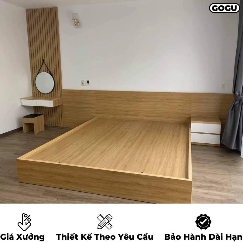 Giường ngủ gỗ công nghiệp mdf có đầu giường được thiết kế kéo dài liền mạch đồng bộ với nội thất phòng ngủ, thiết kế theo yêu cầu, nội thất GOGU TP. HCM, hình 27