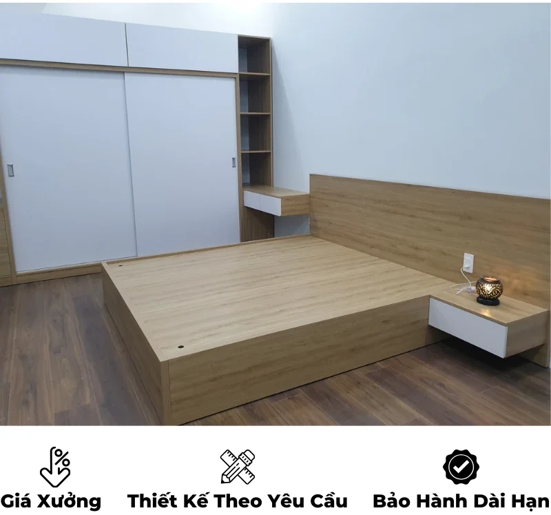 Giường ngủ gỗ công nghiệp mdf có đầu giường được thiết kế kéo dài liền mạch đồng bộ với nội thất phòng ngủ, thiết kế theo yêu cầu, nội thất GOGU TP. HCM, hình 28