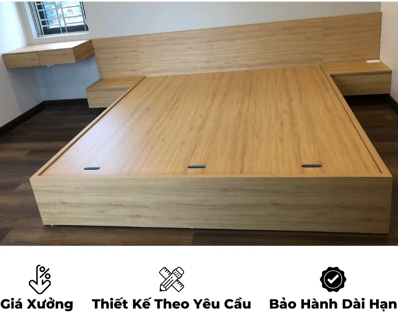 Giường ngủ gỗ công nghiệp mdf có đầu giường được thiết kế kéo dài liền mạch đồng bộ với nội thất phòng ngủ, thiết kế theo yêu cầu, nội thất GOGU TP. HCM, hình 29