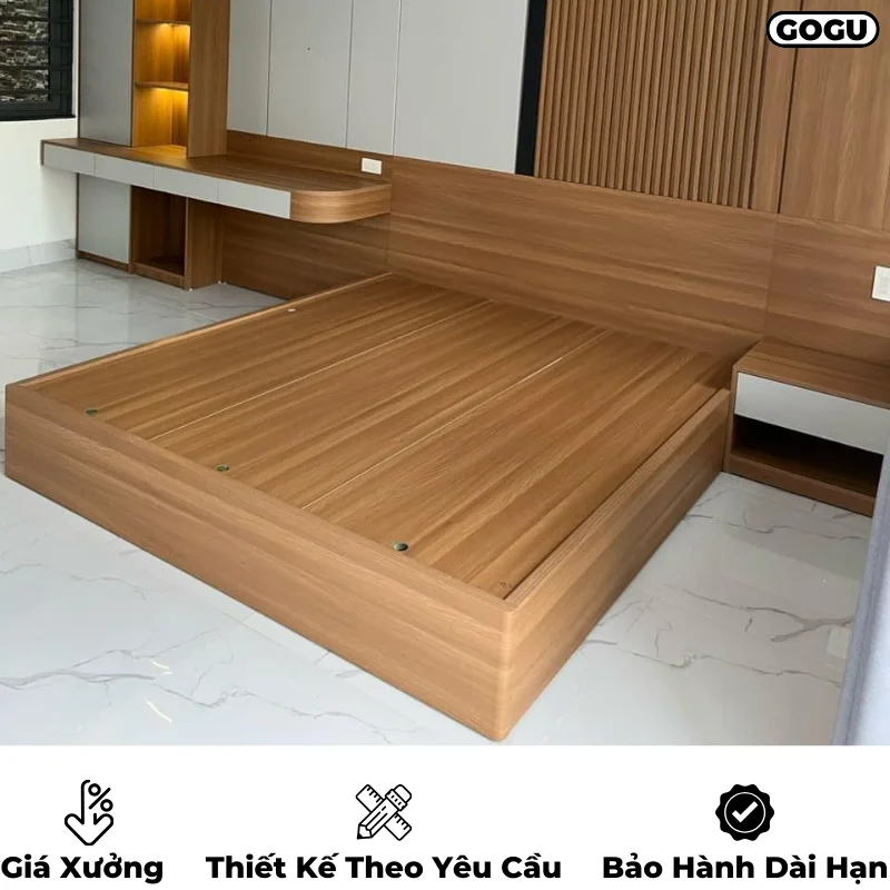 Giường ngủ gỗ công nghiệp mdf có đầu giường được thiết kế kéo dài liền mạch đồng bộ với nội thất phòng ngủ, thiết kế theo yêu cầu, nội thất GOGU TP. HCM, hình 30