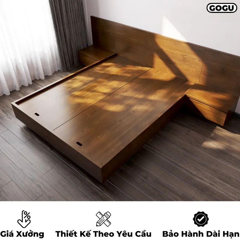 Giường ngủ gỗ công nghiệp mdf có đầu giường được thiết kế kéo dài liền mạch đồng bộ với nội thất phòng ngủ, thiết kế theo yêu cầu, nội thất GOGU TP. HCM, hình 31