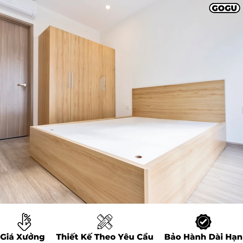 Giường ngủ gỗ công nghiệp mdf, không ngăn kéo, thiết kế tối giản hiện đại theo yêu cầu, nội thất GOGU TP. HCM, hình 3