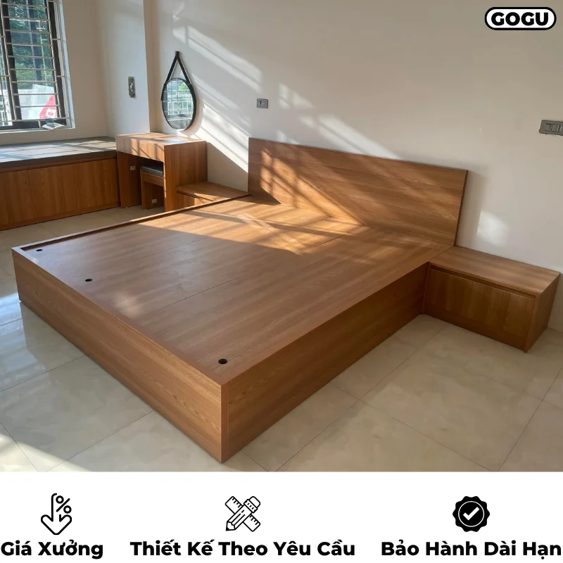 Giường ngủ gỗ công nghiệp mdf, không ngăn kéo, thiết kế tối giản hiện đại theo yêu cầu, nội thất GOGU TP. HCM, hình 4