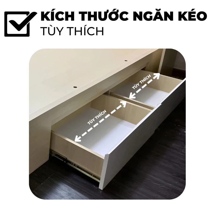 kích thước ngăn kéo và hộc đựng đồ trên giường tự chọn tùy thích